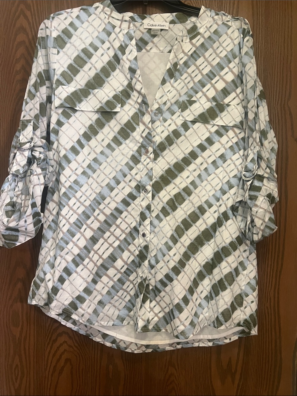 Calvin Klein Green and White Plaid Button-Down Shirt